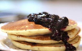 Lemon Poppy Seed Gluten Free Pancake with Blueberry Sauce