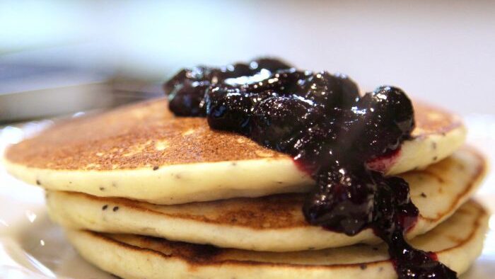 Lemon Poppy Seed Gluten Free Pancake with Blueberry Sauce