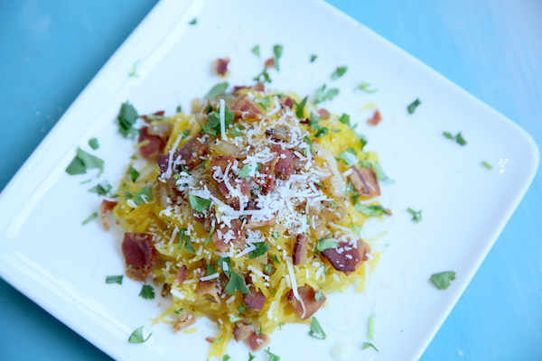 Spaghetti Squash with Caramelized Onions and Bacon