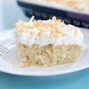 Gluten Free Coconut Tres Leche Cake plated