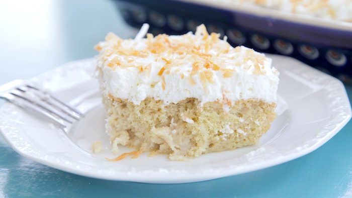 Gluten Free Coconut Tres Leche Cake plated