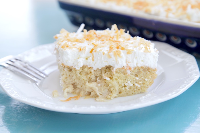 Gluten Free Coconut Tres Leche Cake plated