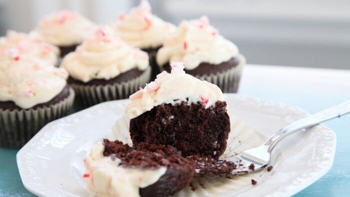 gluten and dairy free Chocolate cupcake with peppermint crunch frosting