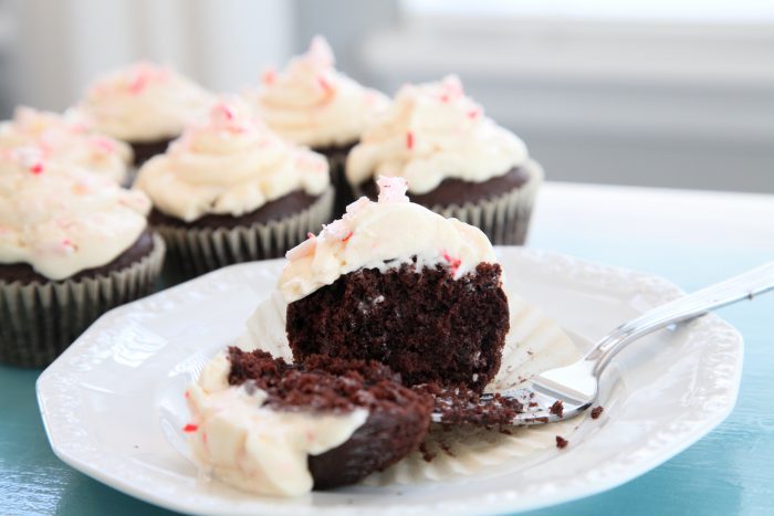gluten and dairy free Chocolate cupcake with peppermint crunch frosting