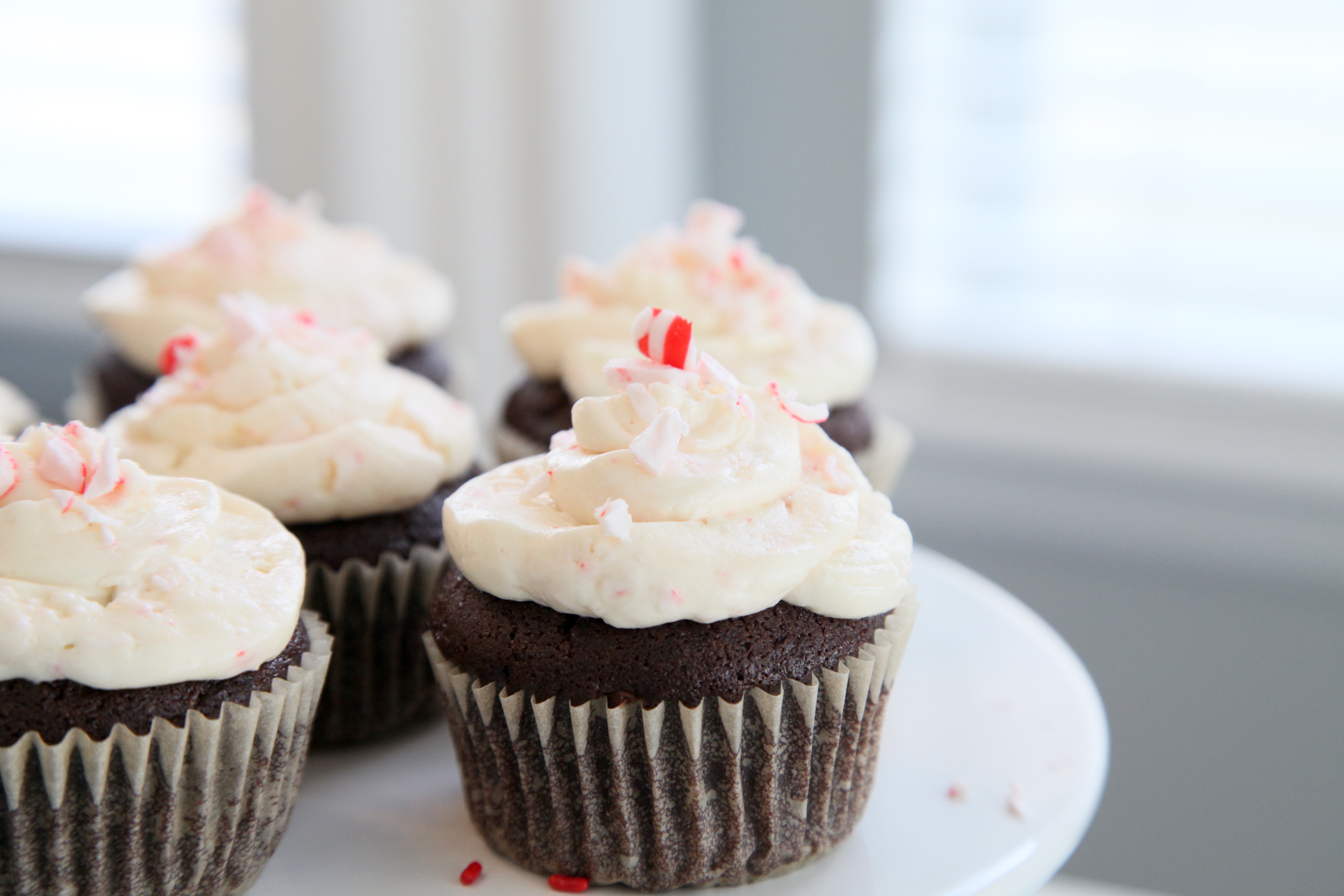 gluten and dairy free chocolate cupcakes with peppermint crunch frosting