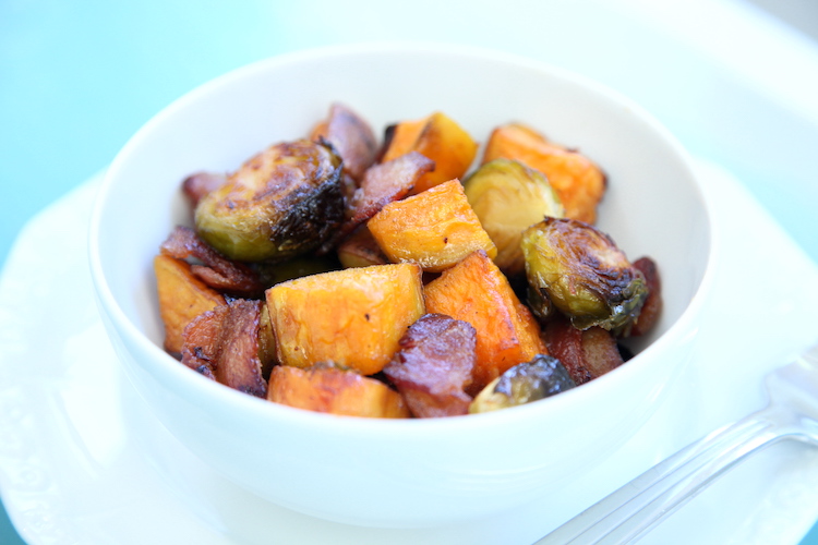 Sweet Potato, Brussels Sprouts & Bacon Sheet Pan