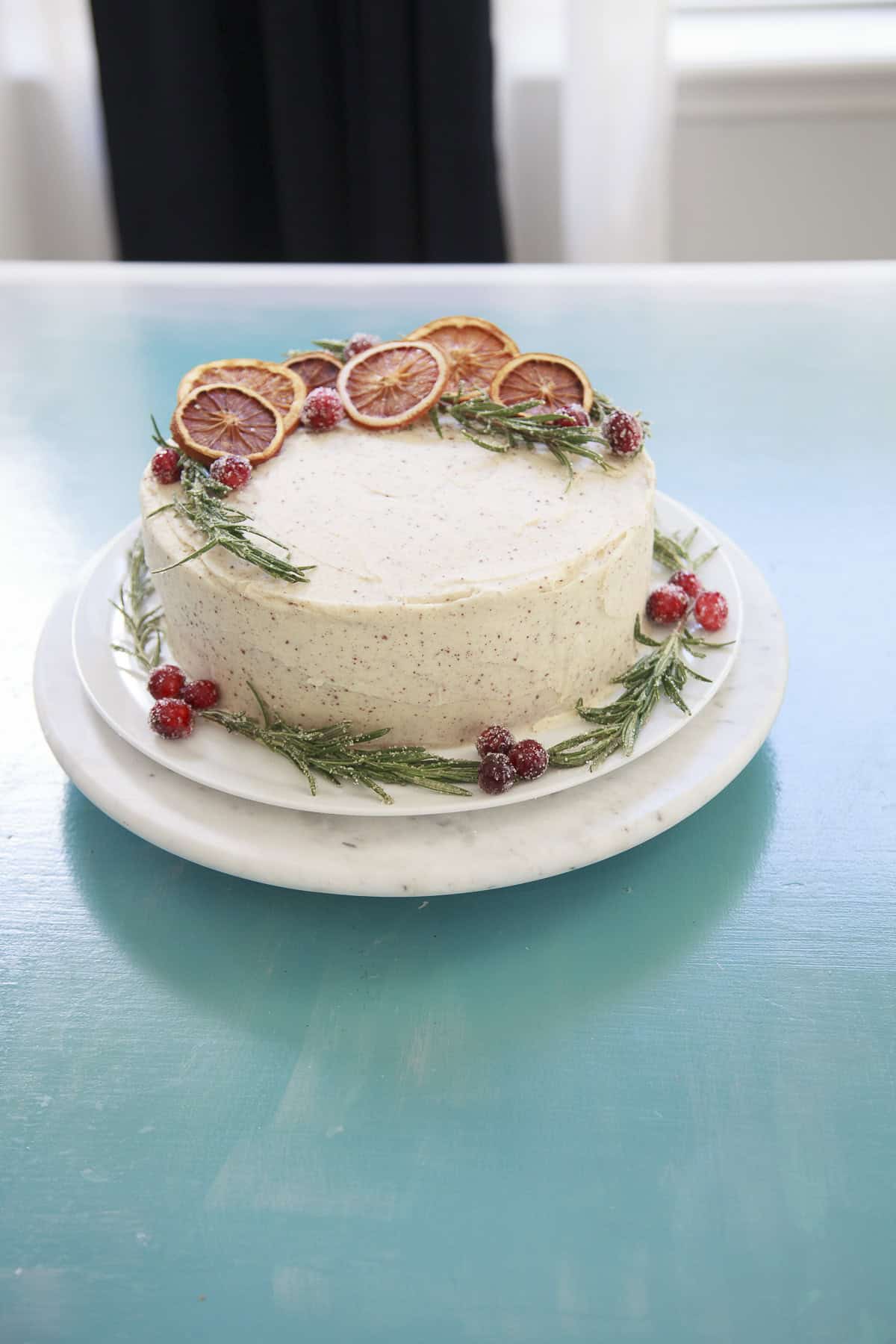 Cranberry & Browned Butter Cake decorated as a centerpiece.